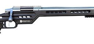 Alt text: black and silver precision rifle with an ergonomic design, featuring a long barrel and adjustable stock.