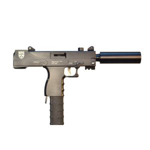 Black firearm with a cylindrical barrel extension and grooved grip featuring an extended magazine.