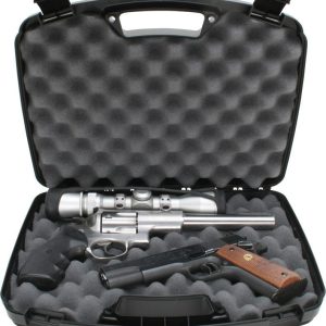 Black hard case with foam padding containing a silver revolver with a scope and a black pistol featuring a wooden grip.