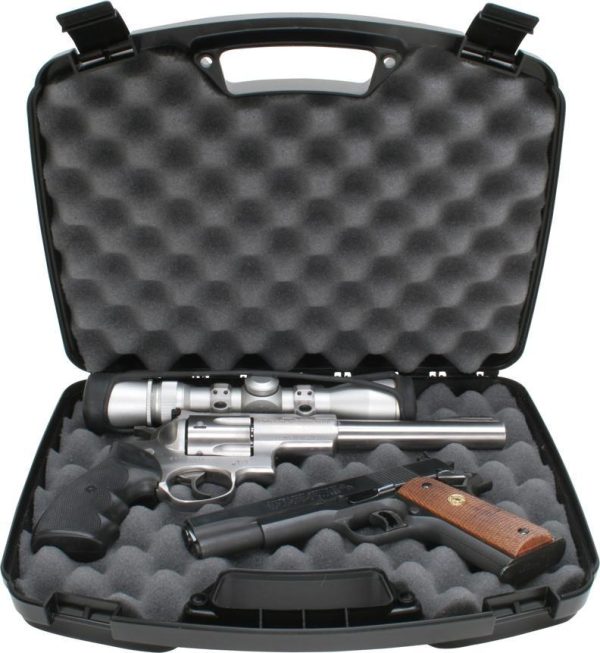 Black hard case with foam padding containing a silver revolver with a scope and a black pistol featuring a wooden grip.