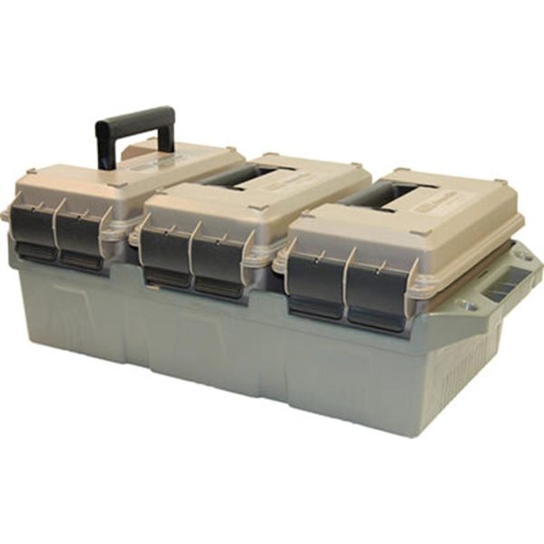 Beige and gray ammo storage box with black handle and front latches, casey iowa.