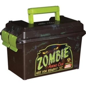 Brown ammo can with green handle and latch, labeled "zombie ammo can" with a biohazard symbol, casey iowa.