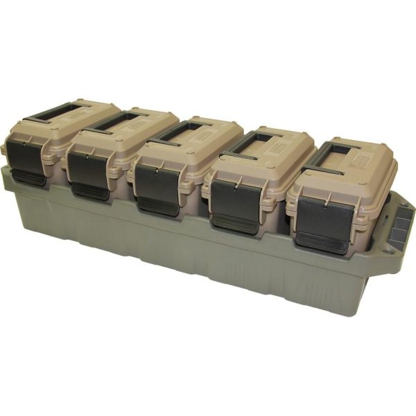 Tan ammo storage cans with black handles stacked in a green plastic container.