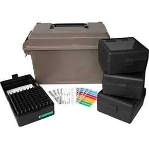 Khaki ammo storage box with black plastic containers, organizational labels, and cartridge trays, related to firearms and guns in casey, iowa.