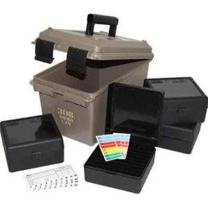 Ammo storage box in olive green with black interior trays and handle, including colorful label set.