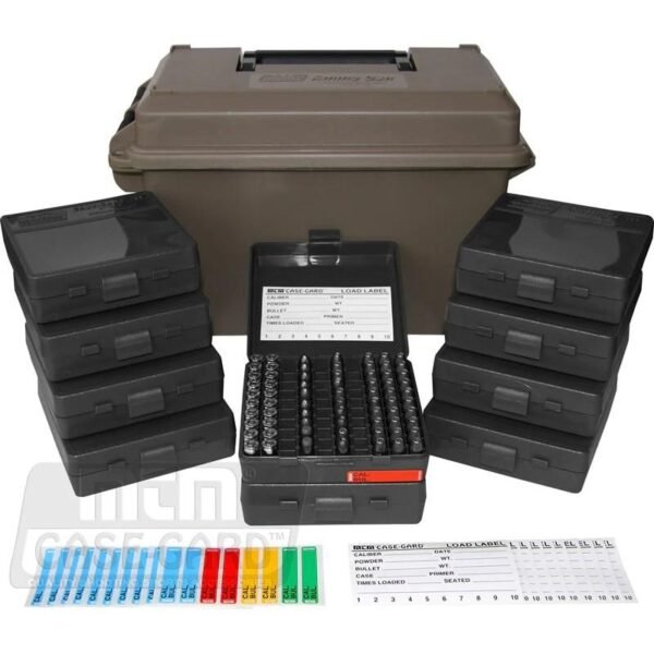 Storage case set for ammunition, featuring a large olive green ammo box and several smaller black cases, each designed to organize and store firearms ammo. Includes colorful labeling stickers and load labels for precise documentation. Appears associated with casey, iowa.