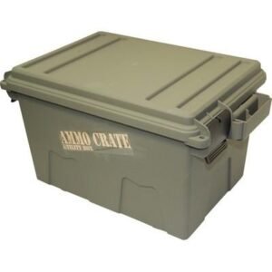 Olive green ammo crate utility box with secure latches, designed for firearms and ammo storage.