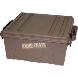 A brown ammo crate utility box with a latch, labeled "ammo crate," suitable for storing firearms and ammunition, associated with casey, iowa.