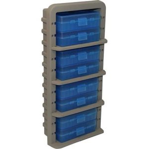 Stack of five blue plastic ammo boxes with a beige rack holder, related to firearms and guns.