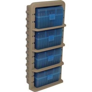 Tan storage rack with four blue, lidded ammo boxes, suitable for organizing firearms accessories.