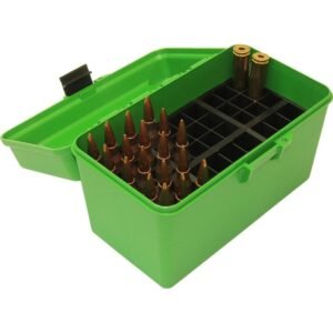 Green plastic ammo box with rows of copper-tipped bullets and black internal compartments.