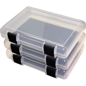 Transparent storage boxes with black latches, suitable for firearms and ammo, stacked in three.