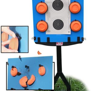 Blue shooting target stand with orange clay discs and black clips, set on a grassy surface. Close-up insets show discs being attached and shattered.