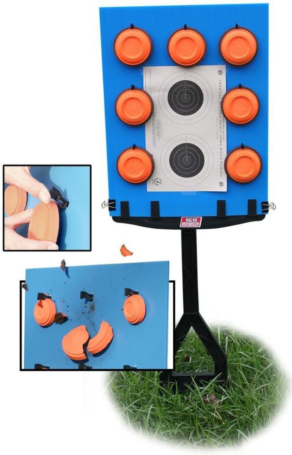 Blue shooting target stand with orange clay discs and black clips, set on a grassy surface. Close-up insets show discs being attached and shattered.