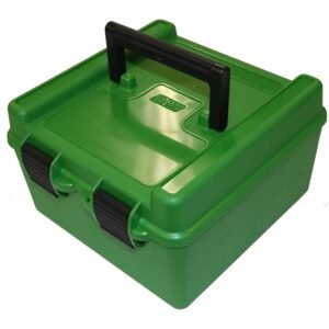 Green plastic ammo storage box with a black handle and secure black latches.