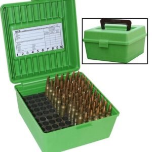 Green plastic ammo box containing rifle cartridges, featuring a labeled lid for organization; inset shows closed box with a black handle.