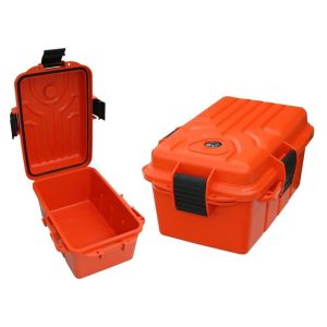 Orange ammo storage box with black latches, open and closed view.