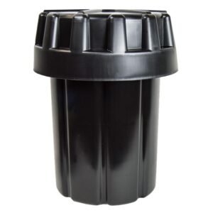 Black cylindrical ammunition storage container with a ribbed design and a secure, ridged lid.