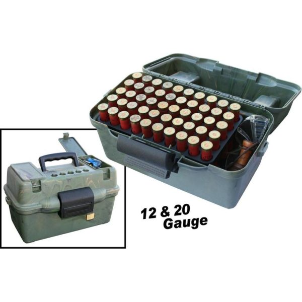 Green ammo box with black latch and handle, containing red shotgun shells organized in rows. Small image inset shows closed box with handle. Text reads: "12 & 20 gauge. "