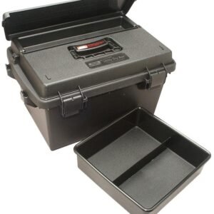 Black utility dry box with open lid, featuring a handle and removable compartment tray, ideal for ammunition and guns storage in casey, iowa.