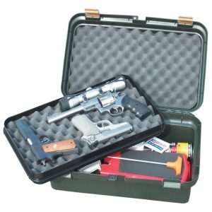 Green hard case with foam interior, containing silver and black firearms and ammunition in Casey Iowa.