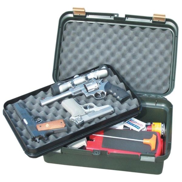 Green hard case with foam interior, containing silver and black firearms and ammunition in casey iowa.