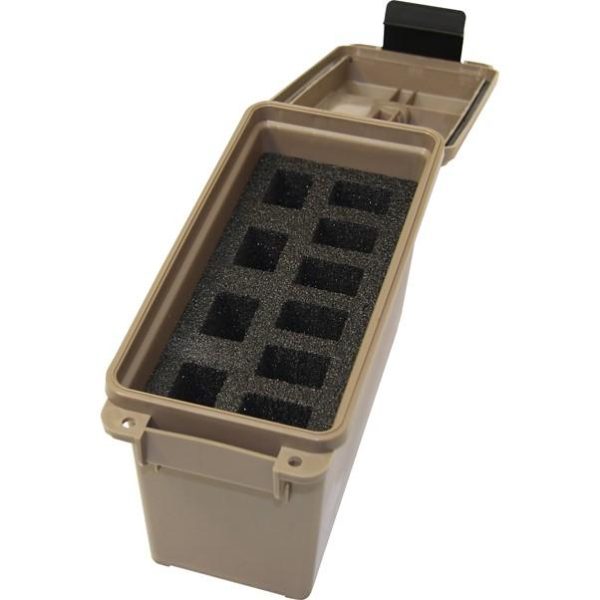 Beige ammunition storage box with black foam inserts and a hinged lid, suitable for firearms and guns, relevant to casey, iowa.