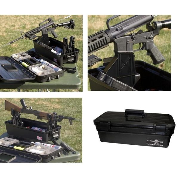 Black tactical range box with firearms and ammunition, displayed on a green outdoor table in casey, iowa.