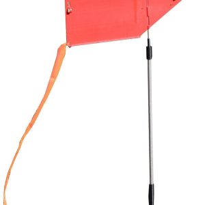 A red metal safety flag with an orange reflective strip attached to a long metal rod.