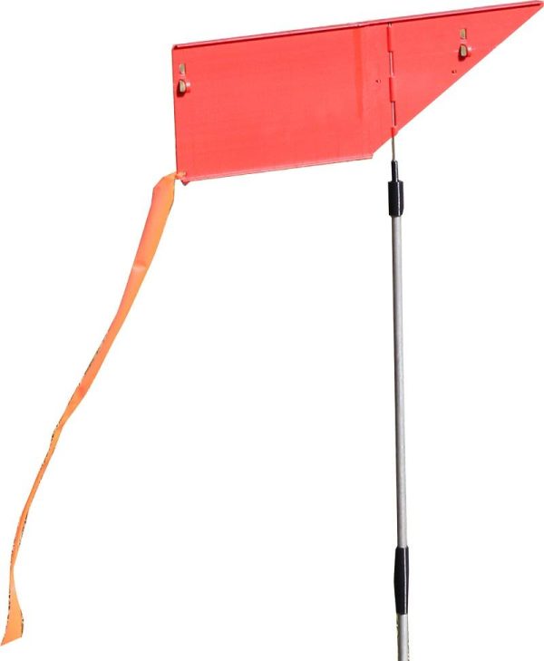 A red metal safety flag with an orange reflective strip attached to a long metal rod.