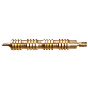A brass-colored, spiral-patterned firearm cleaning tool with ridged sections and a threaded end.