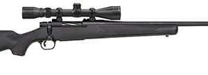 Black bolt-action rifle with a scope attachment, focusing on firearms and gun details.