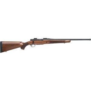 A bolt-action rifle with a dark brown wooden stock and a long black barrel.