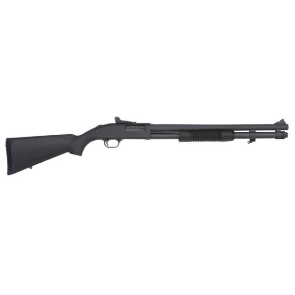 Black pump-action shotgun with synthetic stock and ribbed foregrip.