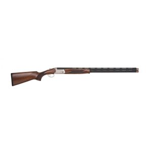 A double-barrel shotgun with a polished wooden stock and a dark metal barrel, set against a white background.