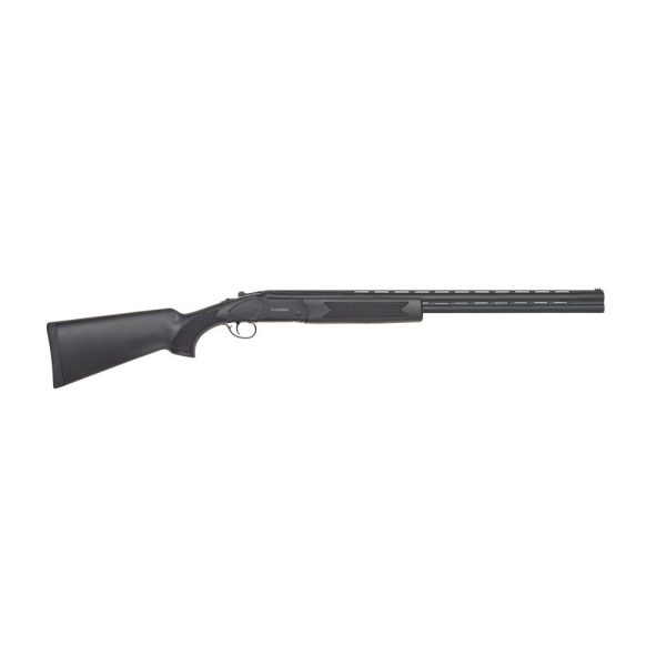 Black shotgun with a long barrel and textured grip.
