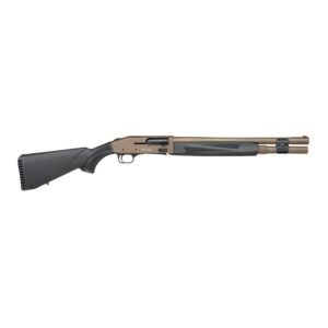 A tan and black shotgun with a synthetic stock, shown on a white background.