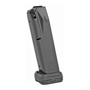 Black firearm magazine with textured grip, designed for ammunition storage.