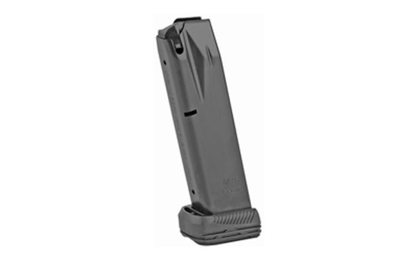 Black firearm magazine with textured grip, designed for ammunition storage.
