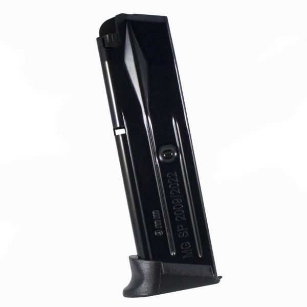 Black firearm magazine for 9mm, isolated on a plain white background.