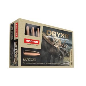 Norma oryx premium bonded core ammunition box, beige with red and white norma logo, featuring 20 copper-colored cartridges and a moose image.