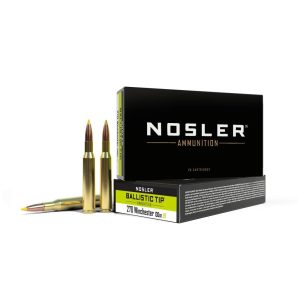 Nosler ballistic tip 270 winchester ammunition, featuring a black and green box with yellow-tipped bullets displayed beside it.