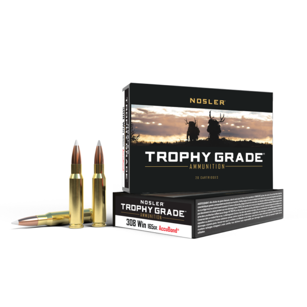 Nosler trophy grade ammunition box with two gold cartridges, one lying down, labelled 308 win 165gr accubond, on a white background.