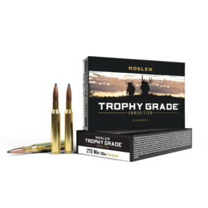 Nosler trophy grade ammunition box and three cartridges, featuring a black package with a sunset hunting silhouette, labeled "270 win 130gr partition. "