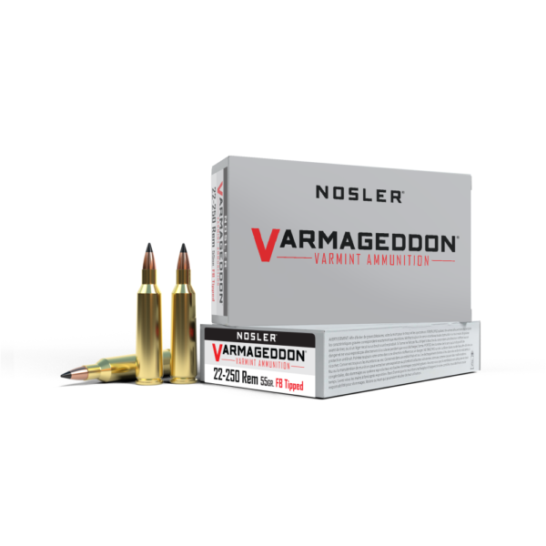 Nosler varmageddon 22-250 rem ammunition box with three brass cartridges, featuring a red and black logo, suitable for firearms enthusiasts in casey, iowa.