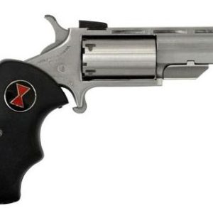 Silver revolver with black grip, featuring a red and white emblem, related to firearms and guns.