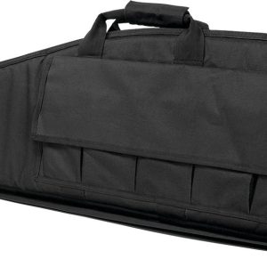 Black firearm carry bag with a zipper closure and padded handle, featuring a front accessory pocket with a flap. Ideal for transporting guns and ammo.