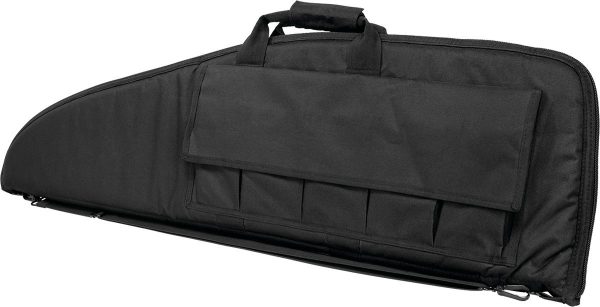 Black firearm carry bag with a zipper closure and padded handle, featuring a front accessory pocket with a flap. Ideal for transporting guns and ammo.
