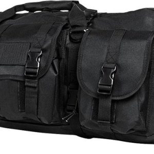 Black tactical gun bag with multiple pockets and buckles, suitable for storing firearms and ammo, found in Casey, Iowa.