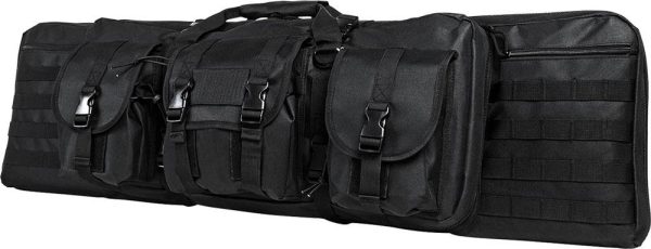 Black tactical gun bag with multiple pockets and buckles, suitable for storing firearms and ammo, found in casey, iowa.